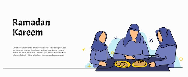 Ilustración vectorial de una familia musulmana comiendo juntos apartamento moderno en estilo de línea continua