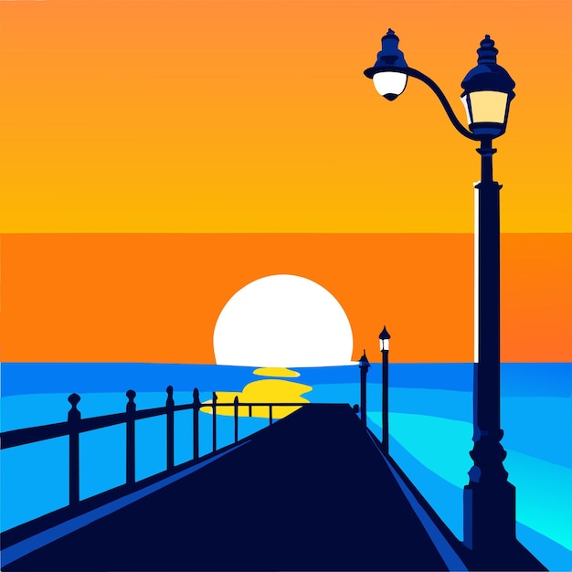 Vector ilustración vectorial del faro de luz del paisaje marino azul naranja al atardecer