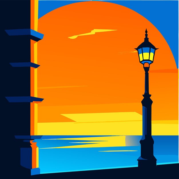 Ilustración vectorial del faro de luz del paisaje marino azul naranja al atardecer