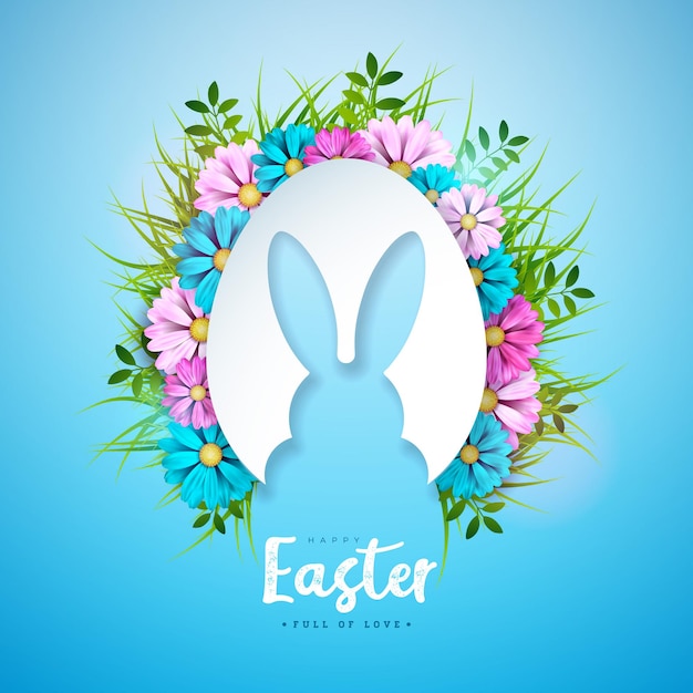 Ilustración vectorial de felices vacaciones de Pascua con conejo en forma de huevo y flor de primavera