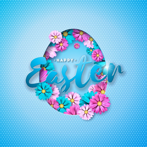 Ilustración vectorial de felices vacaciones de Pascua con flor