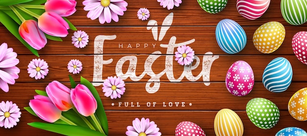 Vector ilustración vectorial de felices vacaciones de pascua con tulipán de huevo pintado de colores y flor de primavera