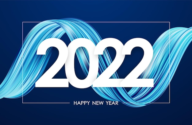 Ilustración vectorial: Feliz año nuevo 2021. Tarjeta de felicitación con forma de trazo de pintura acrílica retorcida abstracta azul. Diseño de moda