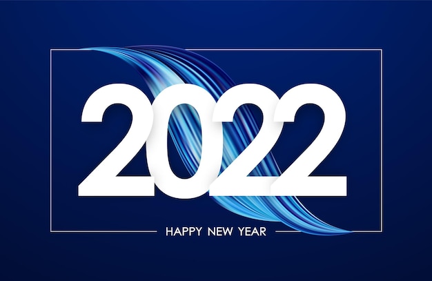 Ilustración vectorial: feliz año nuevo 2021. tarjeta de felicitación con forma de trazo de pintura acrílica retorcida abstracta azul.