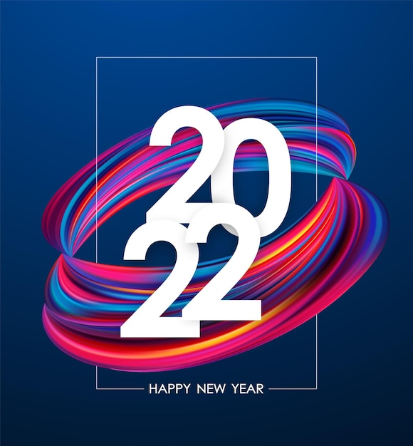 Ilustración vectorial: Feliz año nuevo 2022. Tarjeta de felicitación con forma de trazo de pintura retorcida abstracta colorida. Diseño de moda