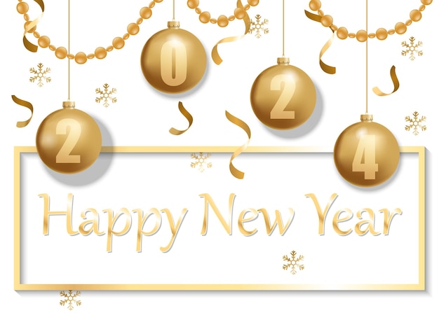 Ilustración vectorial de feliz año nuevo 2024 colores dorados y blancos lugar para el texto bolas de Navidad