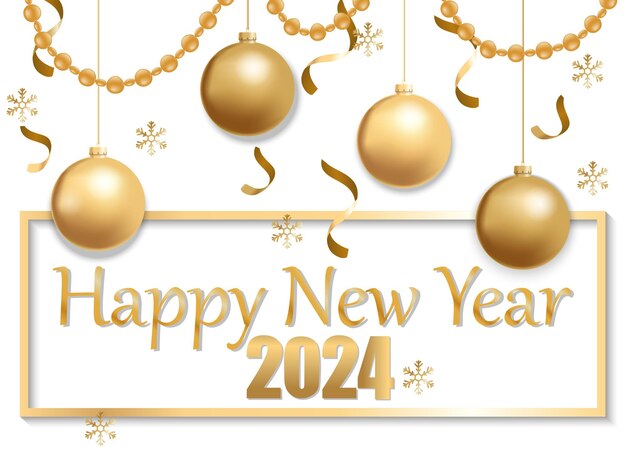 Ilustración vectorial de feliz año nuevo 2024 colores dorados y blancos lugar para el texto bolas de Navidad