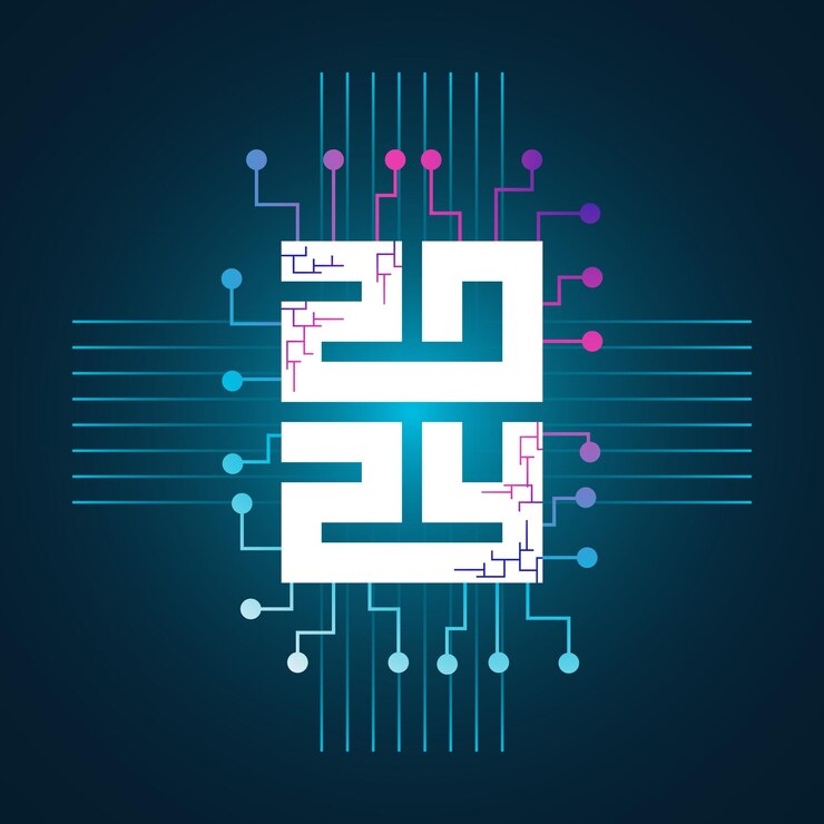 Ilustración vectorial feliz año nuevo 2024 con diseño de concepto de tecnología de sitio web