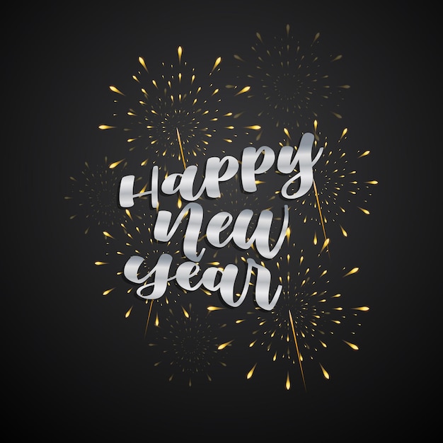 Ilustración vectorial de feliz año nuevo 2024 con fuegos artificiales y diseño de arte de línea plateada