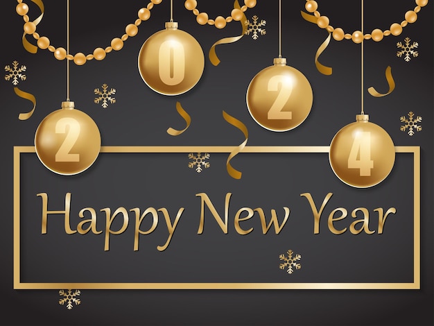 Ilustración vectorial de feliz año nuevo 2024 oro en lugar negro para el texto bolas de Navidad