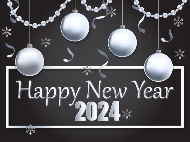 Ilustración vectorial de feliz año nuevo 2024 plata y negro lugar para el texto bolas de Navidad
