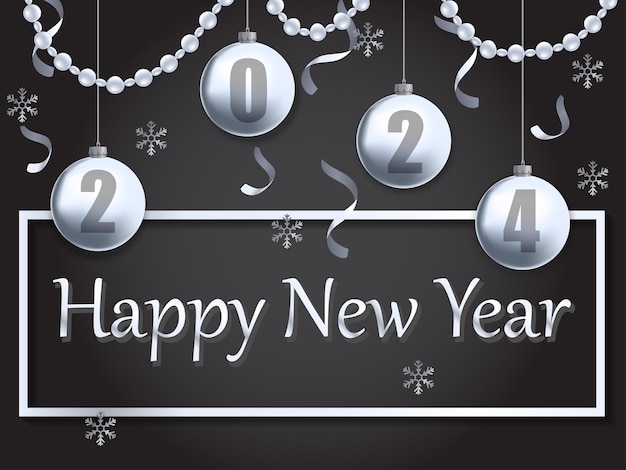 Ilustración vectorial de feliz año nuevo 2024 plata y negro lugar para el texto bolas de Navidad