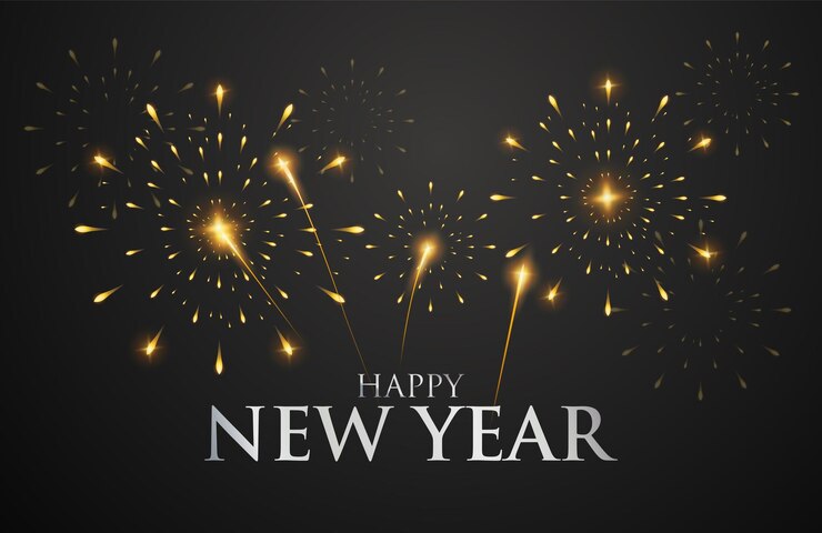 Ilustración vectorial de feliz año nuevo 2025 con fuegos artificiales y concepto de texto plateado