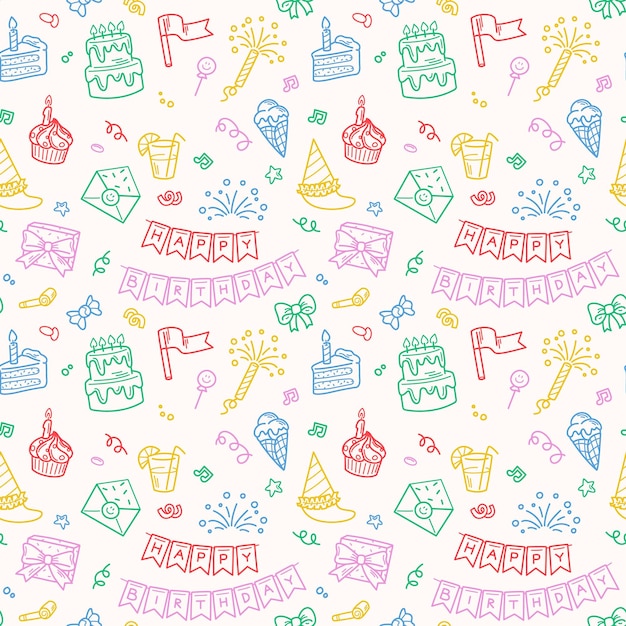 Ilustración vectorial Feliz cumpleaños fiesta doodle colorido patrón transparente