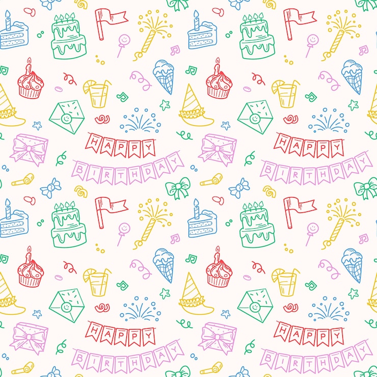 Vector ilustración vectorial feliz cumpleaños fiesta doodle colorido patrón transparente