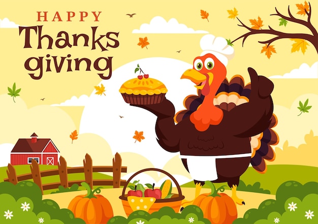 Ilustración vectorial de Feliz Día de Acción de Gracias con hojas de calabazas de pavo y varios otros elementos en un fondo de dibujos animados de estilo plano