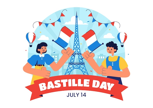 Ilustración vectorial del Feliz Día de la Bastilla el 14 de julio con la cinta de la bandera francesa y la Torre Eiffel en un fondo plano de fiesta nacional