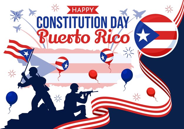 Vector ilustración vectorial del feliz día de la constitución de puerto rico el 25 de julio con bandera y cinta ondeando