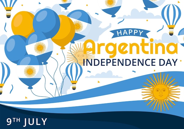 Vector ilustración vectorial del feliz día de la independencia de argentina el 9 de julio con bandera y cinta ondeando