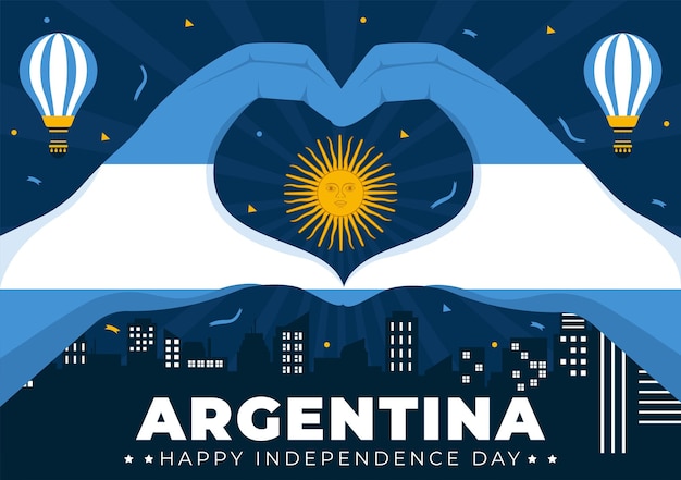 Ilustración vectorial del feliz día de la independencia de argentina el 9 de julio con bandera y cinta ondeando