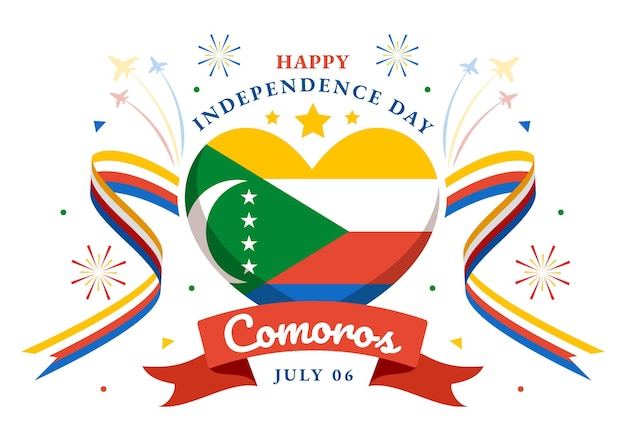 Vector ilustración vectorial del feliz día de la independencia de las comoras el 6 de julio con la bandera comoriana ondeando