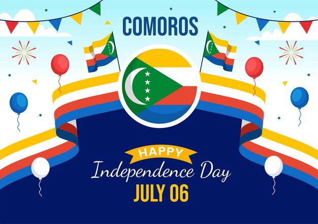 Vector ilustración vectorial del feliz día de la independencia de las comoras el 6 de julio con la bandera comoriana ondeando