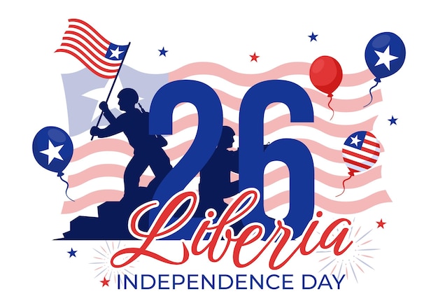 Ilustración vectorial del feliz día de la independencia de liberia el 26 de julio con bandera y cinta ondeando