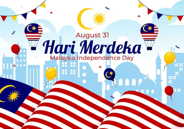 Ilustración vectorial del Feliz Día de la Independencia de Malasia el 31 de agosto con bandera y cinta ondeando en un fondo de dibujos animados plano de vacaciones nacionales