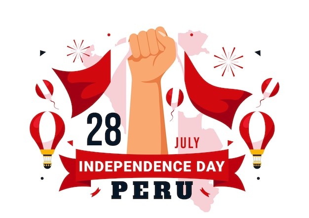 Vector ilustración vectorial del feliz día de la independencia del perú el 28 de julio con bandera y cinta ondeando