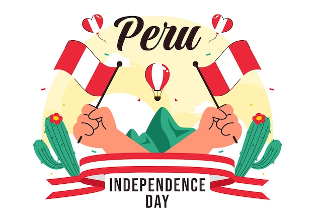 Ilustración vectorial del Feliz Día de la Independencia del Perú el 28 de julio con una bandera nacional y una cinta decorativa en un fondo festivo
