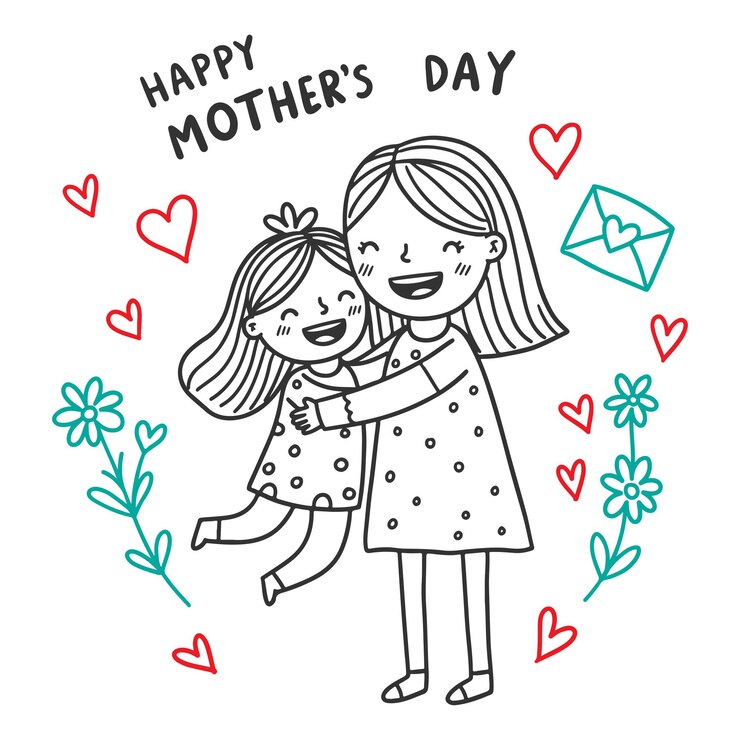 Ilustración vectorial de Feliz Día de la Madre con una madre y una hija sonrientes abrazándose rodeadas de ciervo rojo