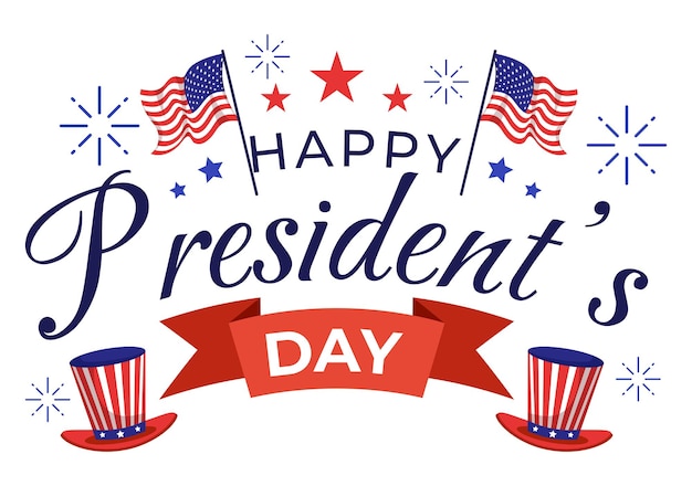Ilustración vectorial del Feliz Día de los Presidentes el 19 de febrero con el Presidente de América y la Bandera de los Estados Unidos en el diseño de fondo de dibujos animados plano