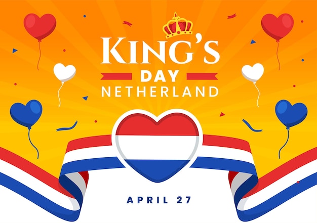 Vector ilustración vectorial de feliz día del rey de los países bajos con banderas y cinta en la celebración del rey