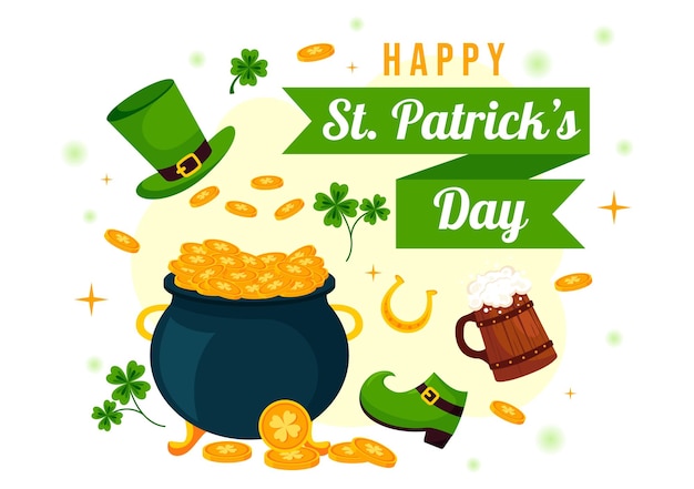 Ilustración vectorial de Feliz Día de San Patricio el 17 de marzo con monedas de oro, una cerveza de sombrero verde y camarones en un fondo de dibujos animados de estilo plano