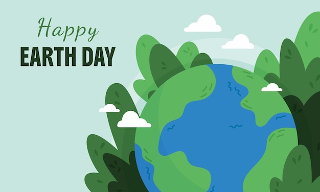 Ilustración vectorial de Feliz Día de la Tierra con un planeta rodeado de hojas verdes y nubes ecológico