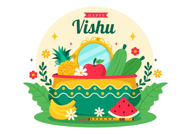 Ilustración vectorial del feliz festival de Vishu con Krishna y frutas y verduras en la fiesta nacional