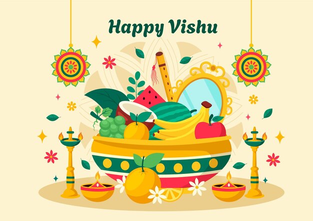 Ilustración vectorial del feliz festival de Vishu con Krishna y frutas y verduras en la fiesta nacional