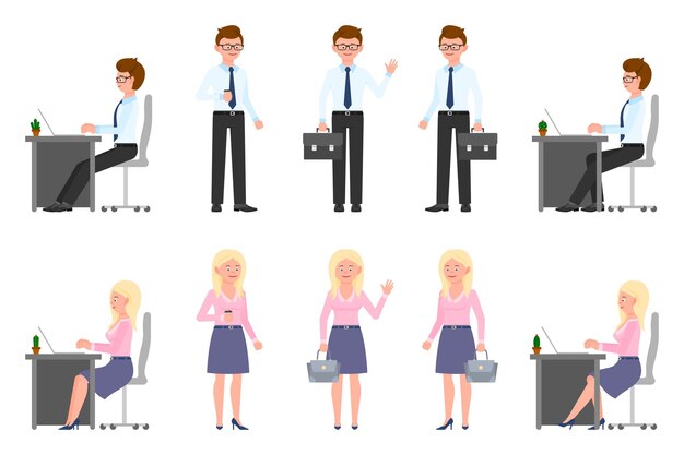 Ilustración vectorial feliz de hombre y mujer sonrientes saludando de pie vista lateral con café