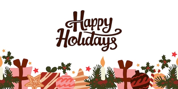 Ilustración vectorial festiva con elementos navideños, incluidos regalos, velas, adornos y bolas