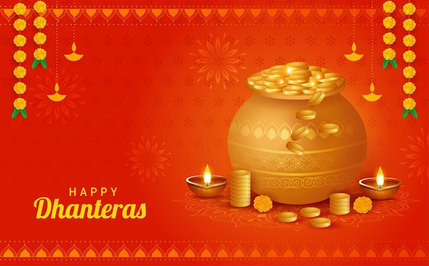 Ilustración vectorial del festival indio de la plantilla feliz de Dhanteras Monedas de oro en la olla para Dhanteras