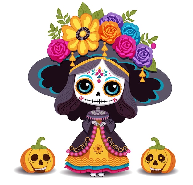 Ilustración vectorial para la festividad mexicana día de los muertos imagen linda chica muerta en estilo de dibujos animados