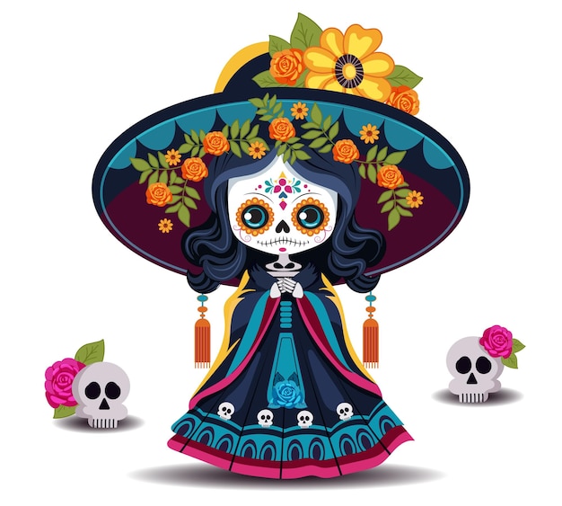 Vector ilustración vectorial para la festividad mexicana día de los muertos imagen linda chica muerta en estilo de dibujos animados