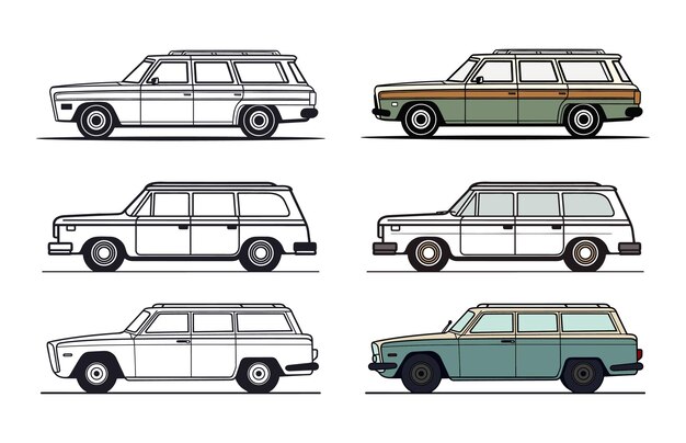 Ilustración vectorial de Fiat Station Wagon Car Conjunto de automóviles Fiat Wagon con contorno negro Bundle