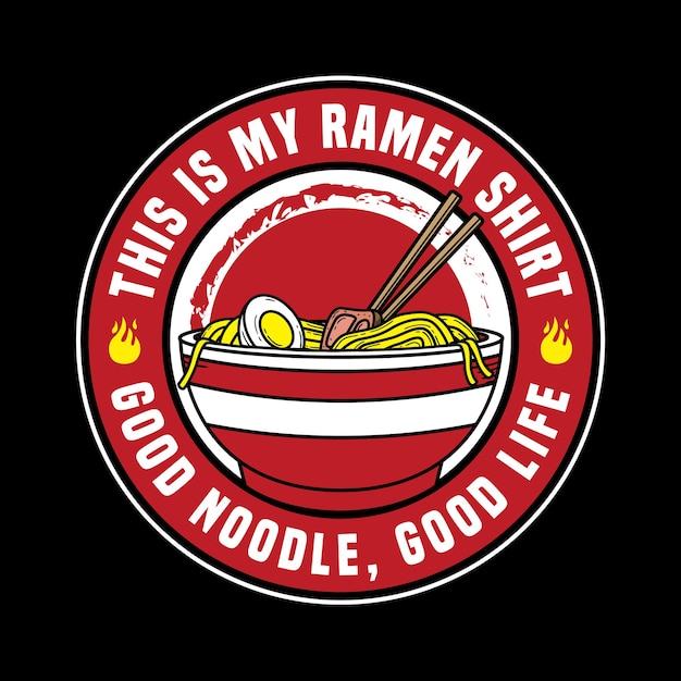 Ilustración vectorial de fideos ramen udon con estilo de emblema insignia retro vintage en fondo negro