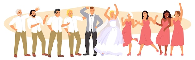 Ilustración vectorial de la fiesta de bodas con la novia y el novio bailando