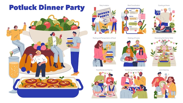 Vector ilustración vectorial de una fiesta de cena con amigos preparando y compartiendo escenas de comidas