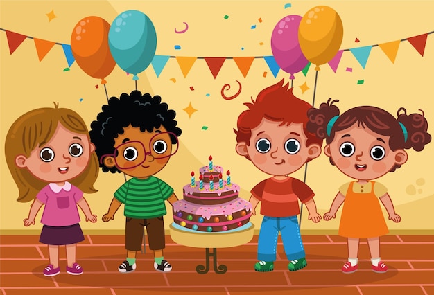 Vector ilustración vectorial de la fiesta de cumpleaños feliz fiesta de niños celebración de cumpleaños