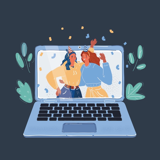 Ilustración vectorial de la fiesta de cumpleaños en línea Amigos llamada virtual Celebrar durante la cuarentena