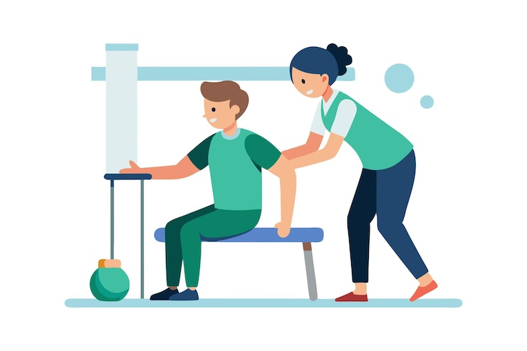 Vector ilustración vectorial de un fisioterapeuta ayudando a un paciente con ejercicios de rehabilitación