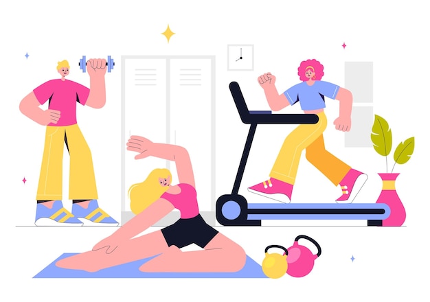 Ilustración vectorial de fitness y gimnasio con ejercicio, bienestar, salud mental, atención médica y un estilo de vida saludable en un fondo de estilo plano